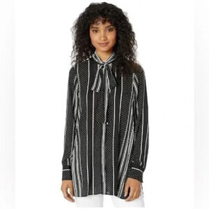 BCBGMAXAZRIA | Black & White Stripe Mixed-Print Tie-Neck Tunic Blouse Size XXS